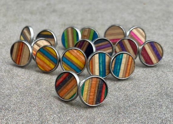 Recycled Skateboard Stud Earrings, Repurposed Wood Jewelry, Handmade Colorful 10mm Ear Rings