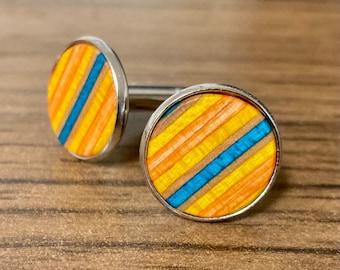 Handmade Recycled Skateboard Cuff Links, Upcycled Wooden Men's Jewelry, Colorful Unique Cufflinks