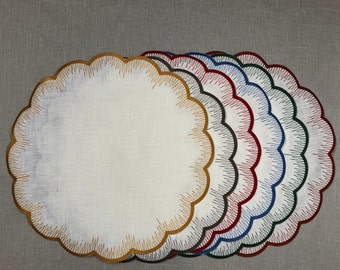 Herbs scallop embroidered linen placemat round
