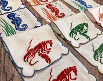 Cocktail embroidered linen napkins Scallop coasters Lobster crab fish coral seahorse frog