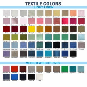 May include: A chart of textile colors for light and medium weight linen fabrics. The chart shows a variety of colors, including white, silver gray, willow green, ivory, ocher, canary yellow, espresso, peach, pink melange, pink, dusty purple, baby pink, dusty rose, coral, pink2, melange, viva magenta, fuchsia, rouge, red, dark magenta, burgundy, pineapple, yellow, mustard, camel, army, dark brown, moss, apple green, lime, olive, fresh green, sage green, aqua, grass, fern, green, seafoam, light blue, baby blue, light purple, sky, emerald green, teal, navy, midnight blue, blue melange, lavender, sand melange, deep gray, parisian blue, italian blue, turquoise, parisian blue, royal, black, neon pink, orange, brown, silver gray, ivory, fawn, hazelnut, green snake, ocean, egg blue, jeans melange, royal blue, jeans, black, ivory.