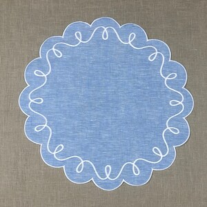 May include: A blue linen placemat with a white scalloped edge. The edge is decorated with a repeating pattern of swirls.