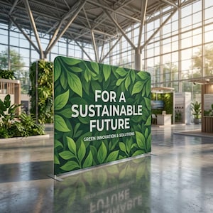 K&ouml;nnte beinhalten: Ein gro&szlig;er gr&uuml;ner Banner mit dem Text "FOR A SUSTAINABLE FUTURE" und "GREEN INNOVATION & SOLUTIONS" in Wei&szlig;. Der Banner ist mit gr&uuml;nen Bl&auml;ttern bedeckt und wird in einer modernen Ausstellungshalle pr&auml;sentiert.