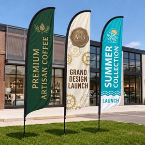 May include: Three vertical feather flags displayed outdoors. The left flag is dark green with a gold pinecone icon and the text PREMIUM ARTISAN COFFEE. The center flag is cream with gold gear patterns, a wax seal logo, and GRAND DESIGN LAUNCH. The right flag is teal and white with a sun and coral icon and the text SUMMER COLLECTION LAUNCH.