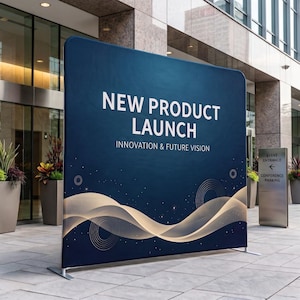 May include: A large rectangular tension fabric display stand featuring a deep blue background with white text reading NEW PRODUCT LAUNCH and INNOVATION & FUTURE VISION, accented by gold wavy lines, circular patterns, and small star-like dots.