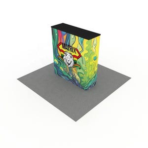 May include: A display stand with a black top and a colorful, abstract design. The stand features the word "MATRIX" and a lion's head logo. The base is gray, and the overall design is vibrant and eye-catching.