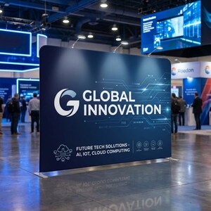 K&ouml;nnte beinhalten: Ein marineblaues Banner mit den wei&szlig;en Worten "GLOBAL INNOVATION". Das Banner enth&auml;lt auch den Text "FUTURE TECH SOLUTIONS - AI, IOT, CLOUD COMPUTING" und eine Leiterplattengrafik.