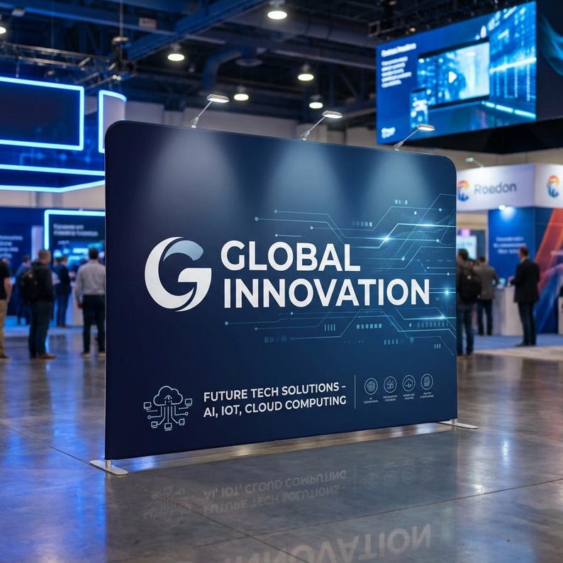 K&ouml;nnte beinhalten: Ein marineblaues Banner mit den wei&szlig;en Worten "GLOBAL INNOVATION". Das Banner enth&auml;lt auch den Text "FUTURE TECH SOLUTIONS - AI, IOT, CLOUD COMPUTING" und eine Leiterplattengrafik.