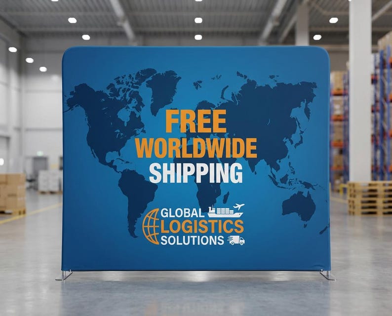 K&ouml;nnte beinhalten: Ein blauer Hintergrund mit einer Weltkarte und dem Text "FREE WORLDWIDE SHIPPING" in Orange und Wei&szlig;. Das Logo von "GLOBAL LOGISTICS SOLUTIONS" ist ebenfalls abgebildet. Der Hintergrund befindet sich in einem Lagerhaus.