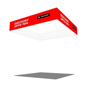 May include: A red and white rectangular sign with the text "DISCOUNT UPTO 70%" and "SHOP NOW" in white. The sign is suspended above a gray rectangular surface.