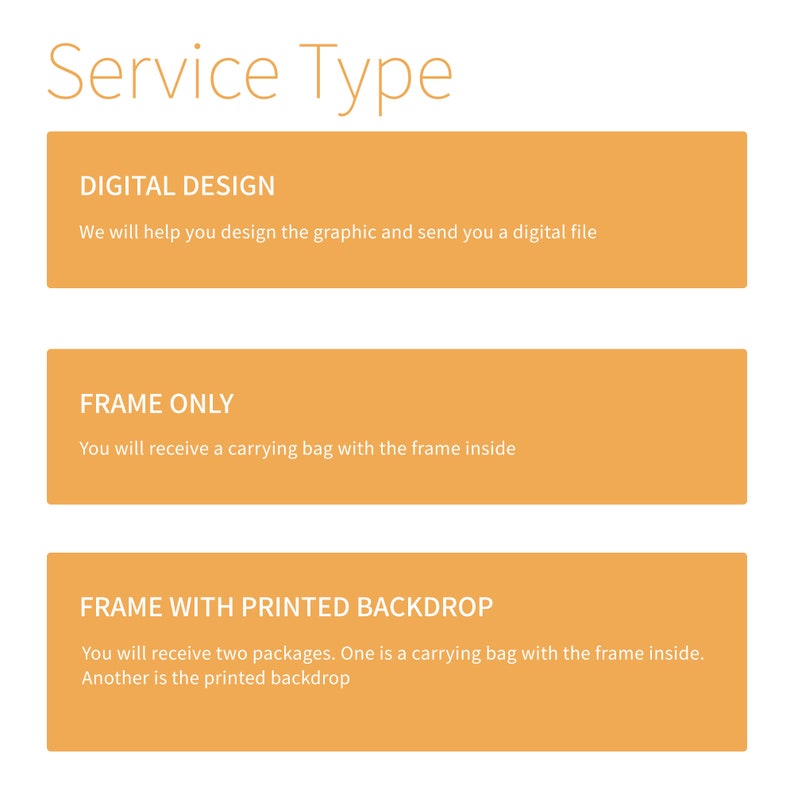 K&ouml;nnte beinhalten: Ein Bild mit dem Text "Service Type" oben. Darunter befinden sich drei orangefarbene Rechtecke mit wei&szlig;em Text. Das erste Feld lautet "DIGITAL DESIGN" und beschreibt Grafikdesign-Dienstleistungen. Das zweite Feld lautet "FRAME ONLY". Das dritte Feld lautet "FRAME WITH PRINTED BACKDROP".