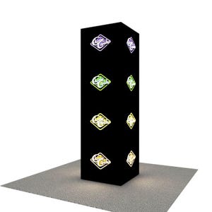 May include: A tall, black display stand with the text "Chronic Candy" in a diamond shape, repeated on all sides. The text is in a neon style with various color combinations, including purple, green, and yellow. The stand is on a gray surface.