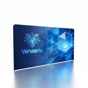 May include: A large, rectangular display with a blue background featuring the word "Verveerio" in white, along with a circuit board-style logo. The design includes a 3D cube and glowing lines, suggesting a tech or data theme.