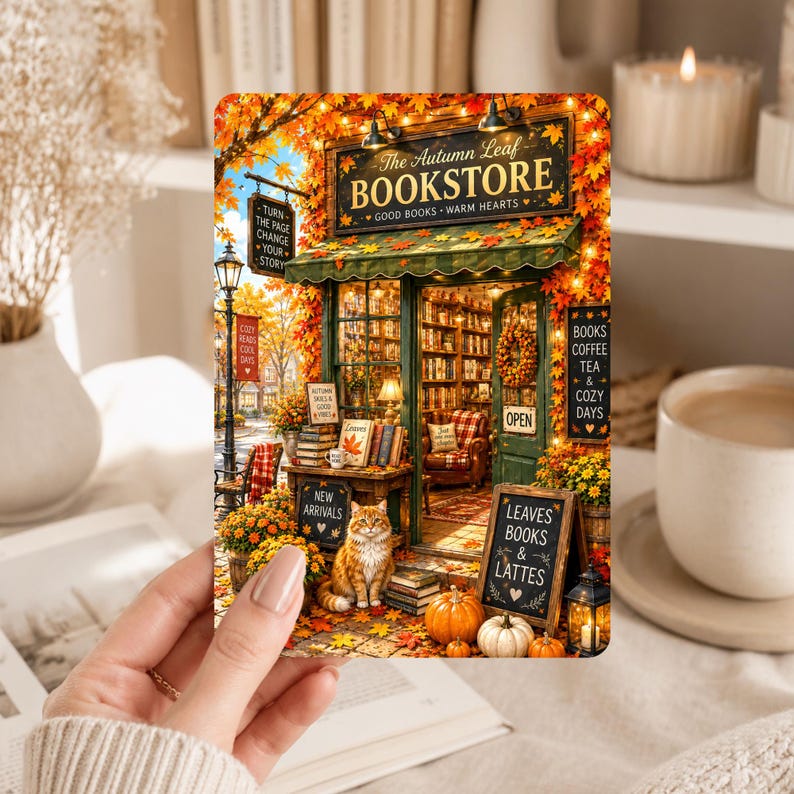以下が含まれることがあります： 秋をテーマにした書店を描いた長方形のプリント。オレンジ色の紅葉、歩道に座る茶トラ猫、カボチャ、そして「The Autumn Leaf BOOKSTORE」「NEW ARRIVALS」「LEAVES BOOKS & LATTES」と書かれた看板が描かれています。