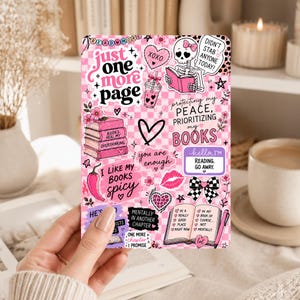 May include: A rectangular sticker sheet with a pink checkered background featuring various illustrations and text including "just one more page," "didn't stab anyone today," "protecting my peace, prioritizing my books," and "i like my books spicy."