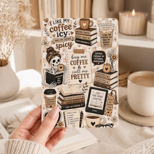 May include: A rectangular card featuring a beige checkered pattern with brown illustrations of books, coffee cups, a skeleton, and text including "I LIKE MY coffee icy AND MY BOOKS spicy" and "buy me COFFEE & call me PRETTY" with various bookish quotes.