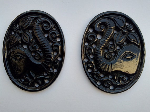 Hand Carved Black Onyx Gemstone Pair, Jewelry Making (43x33mm)