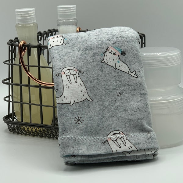 T-Shirt Hair Towel Wrap – Gray Winter Walrus & Seals – Keep curls and waves frizz free and defined on wash day and beyond!