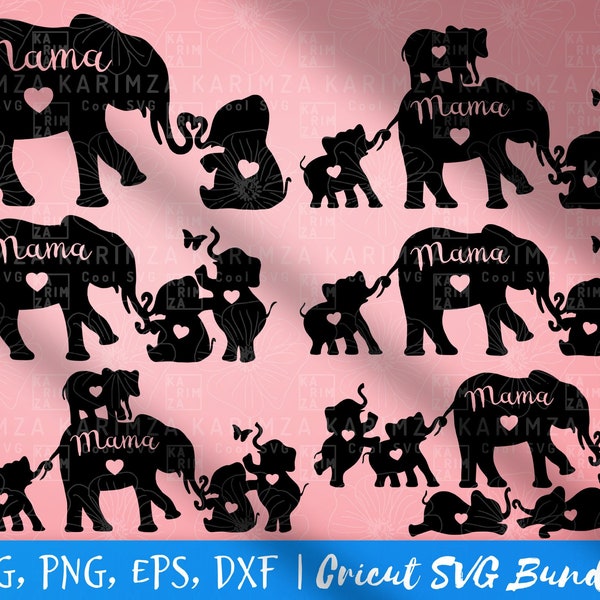 Mama Elephant SVG files for Cricut, Mothers Day SVG Bundle, PNG, dxf, eps, Instant Download