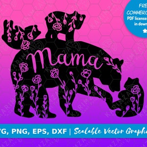 Mama Bear SVG bloemen, MAMA BEAR met 3 welpen svg