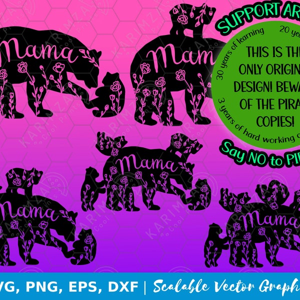 Floral MAMA BEAR Svg design bundle of bear with 1, 2, 3, 4 and 5 cubs by KARIMZA