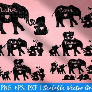 NANA Elefante com 1 2 3 4 5 6 Netos SVG BUNDLE, Pacote Svg Dia das Mães, png, dxf, eps, Download instantâneo