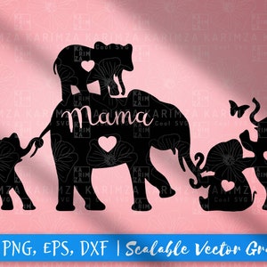 Mamá elefante y 4 bebés SVG, descarga digital