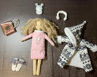 Handmade Cotton Winter Doll Set, Clothes & Accessories