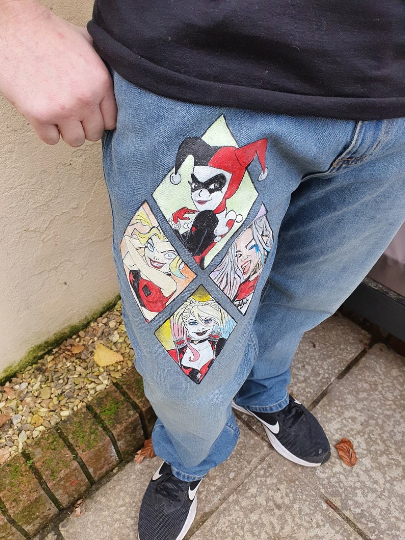 Harley Quinn Inspired Handpainted Men's Fit Jeans Waist Size 38 Etsy