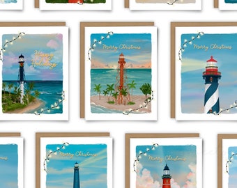 Lighthouse Christmas Cards, Pick Your Lighthouse Christmas Card Set, Beachy Holiday Cards, Florida Lighthouse Christmas Card