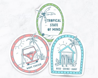 Surf Inspired Sticker Pack, Tropical Waterproof Stickers, Coastal Beachy Stickers