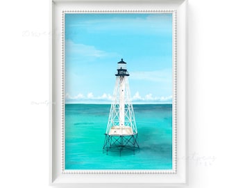 Alligator Reef Lighthouse Art Print , Florida Lighthouse Art, Beach Painting, Coastal Wall Art, 25 Sweetpeas Illustration