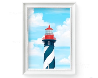 St Augustine Lighthouse Art Print, Illustrated Florida Lighthouse, Coastal Decor, Florida Wall Art