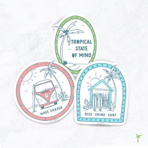 Surf Inspired Sticker Pack, Tropical Waterproof Stickers, Coastal Beachy Stickers