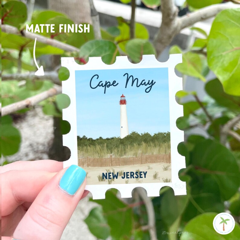A Sticker Shaped Like A stamp that features the Cape May Lighthouse  located in New Jersey