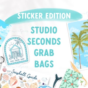 May include: A collection of stickers featuring a beach house with surfboards, a seashell guide, a palm tree, and a shark fin. The stickers are part of a Studio Seconds Grab Bag.