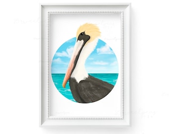 Pelican Painting Print, Illustrated Brown Pelican, Coastal Decor Wall Art