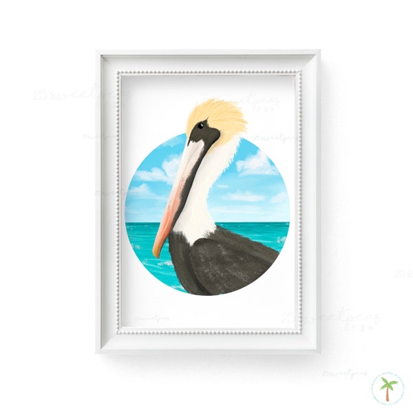 Pelican Painting Print, Illustrated Brown Pelican, Coastal Decor Wall Art