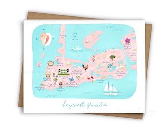 Key West Florida Map Card, Illustrated Key West Florida Map, Beach Card