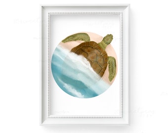 Sea Turtle Painting Print, Illustrated Sea Turtle on the Beach, Coastal Decor Wall Art