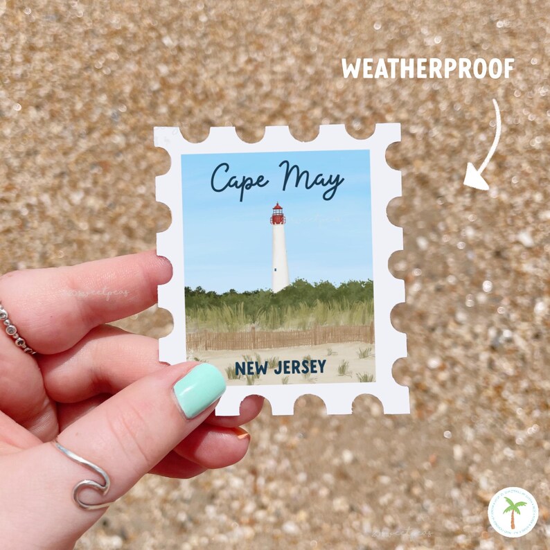 A Sticker Shaped Like A stamp that features the Cape May Lighthouse  located in New Jersey