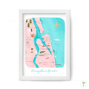 A Gouache Painting Art Print of a Map of St Augustine Florida. The Oldest City in the USA