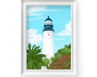 Key West Lighthouse, Florida Keys Lighthouse, Florida Art,  Beach Painting, Coastal Wall Art, 25 Sweetpeas Illustration