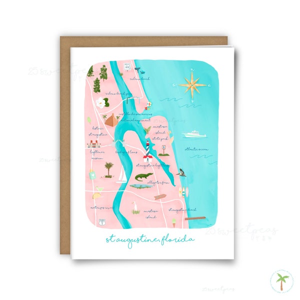 St Augustine Florida Map Card, Illustrated St Augustine Florida Map, Beach Card