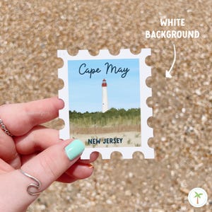 A Sticker Shaped Like A stamp that features the Cape May Lighthouse  located in New Jersey