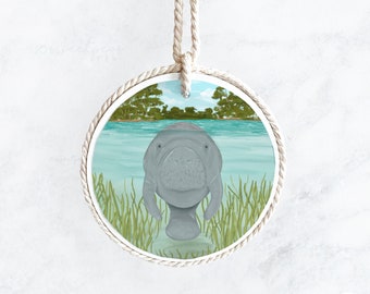 Hand Illustrated Manatee Christmas Ornament, Coastal Christmas Holiday Decor