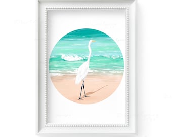 Great Egret Painting Print, Illustrated Coastal Bird, Coastal Decor Wall Art