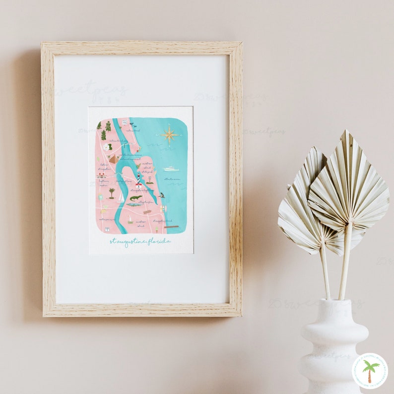 A Gouache Painting Art Print of a Map of St Augustine Florida. The Oldest City in the USA