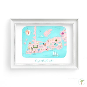 A Gouache Painting Art Print of a Map of Key West Florida.