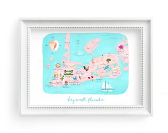 Key West Florida Map Painting Print, Illustrated Florida Map, Coastal Decor, Florida Wall Art